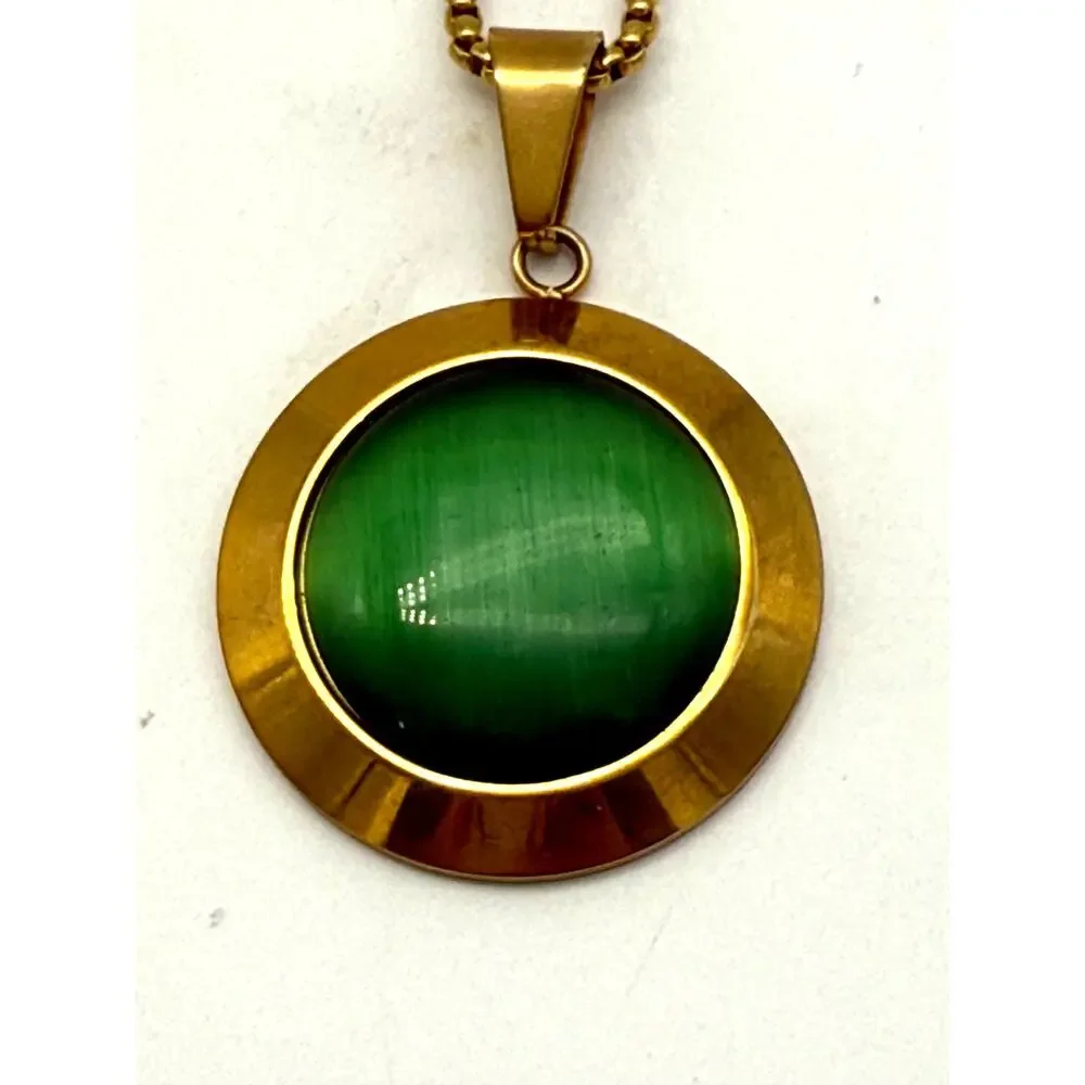 Gold Tone Stainless Steel Necklace W/ Round Green Jade Cabochon Gemstone Pendant